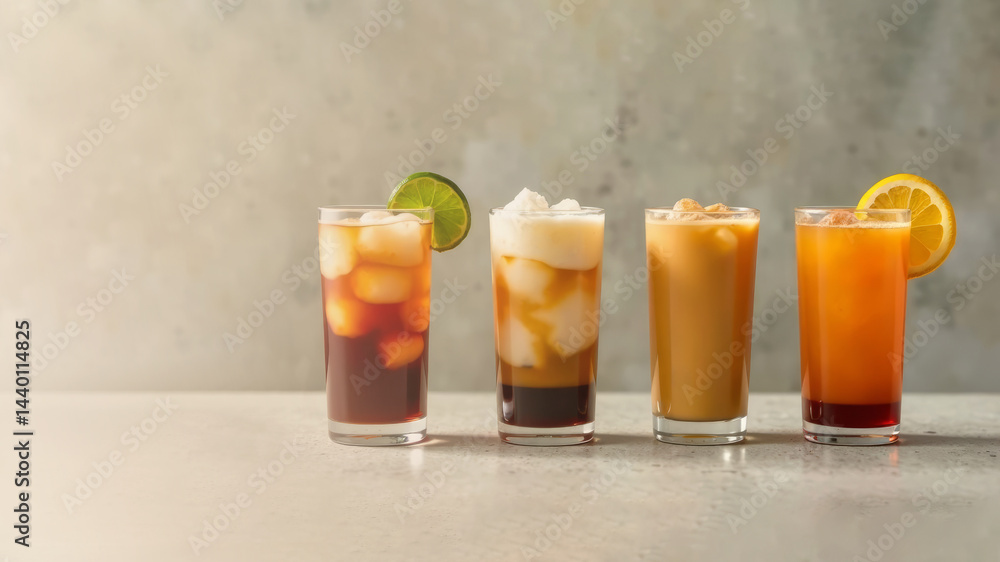 Fototapeta premium A stylish arrangement of iced coffee drinks with different garnishes, set against a concrete backdrop, banner