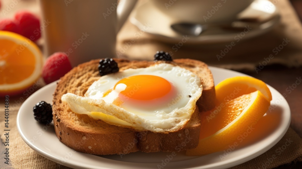 Fototapeta premium Breakfast plate with fried egg on toast fruit and coffee on table.