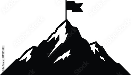 Black and White Mountain Peak with Flag Vector
