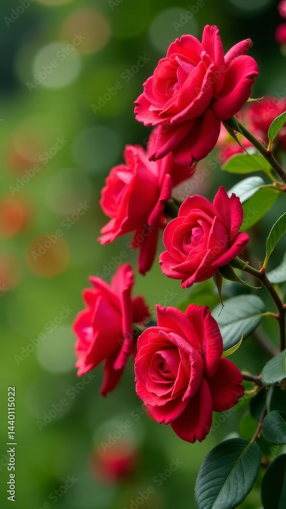 close up blooming red roses on a sunny day in the park, vertical