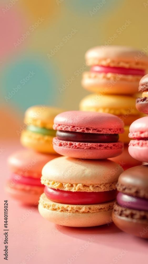 close up A stylish arrangement of pastel macarons in different flavors, set against a yellow background, copy space, vertical