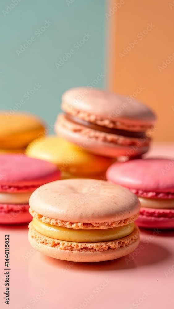 close up A stylish arrangement of macarons in different flavors, set against a pastel background, copy space, vertical