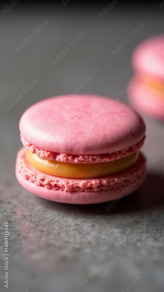 A close-up of a single macaron with a perfect filling, placed on a textured surface