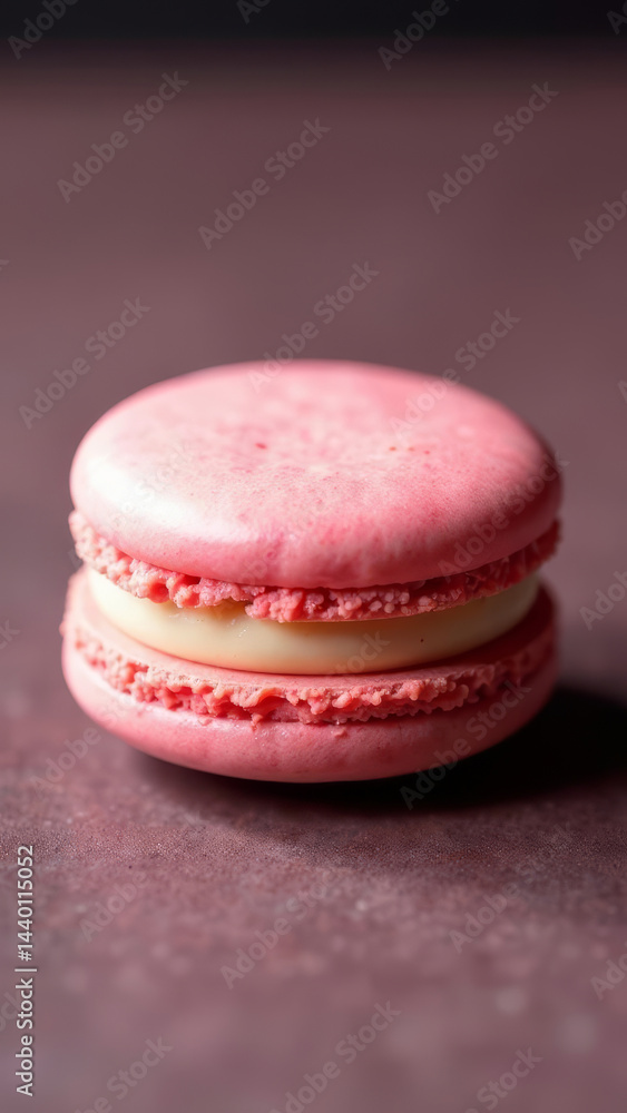 A close-up of a single macaron with a perfect filling, placed on a textured purple surface, vertical