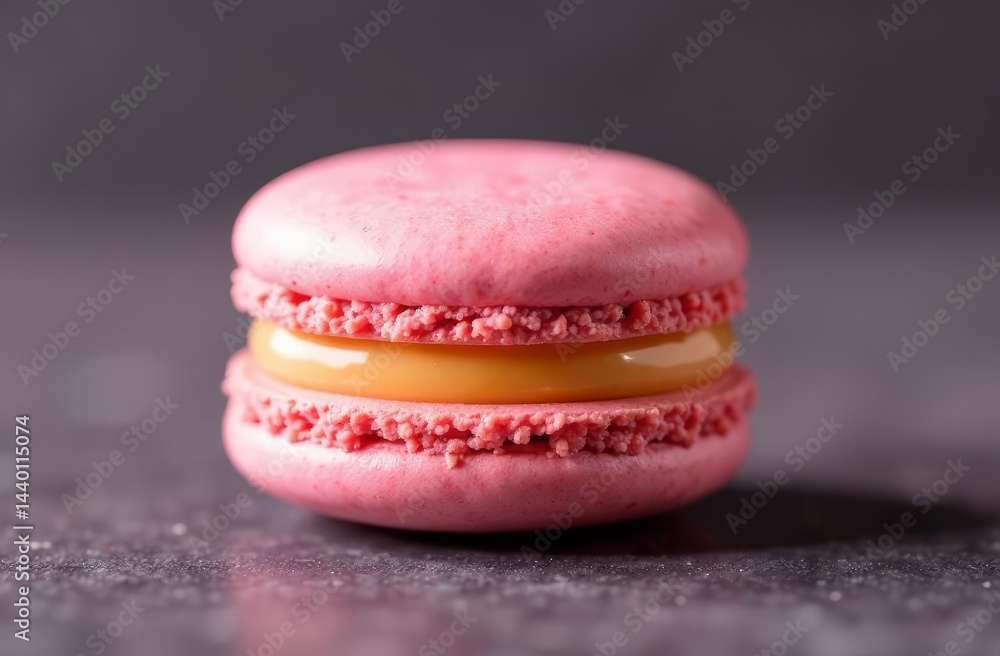 A close-up of a single macaron with a perfect cream filling, placed on a textured surface. The inviting look highlights the details, copy space