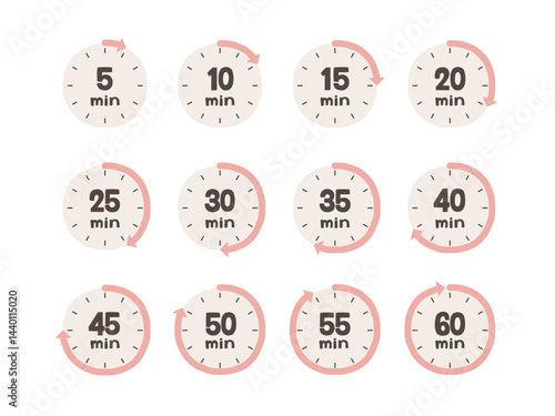 手描きでかわいい5分毎のタイマーのイラストセット