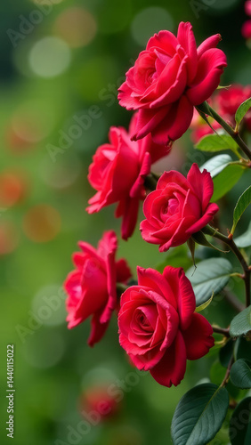Obraz na płótnie close up blooming red roses on a sunny day in the park, vertical w salonie
