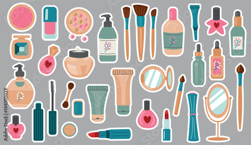 Colorful Illustration of Makeup and Beauty Products. Cosmetics Stickers