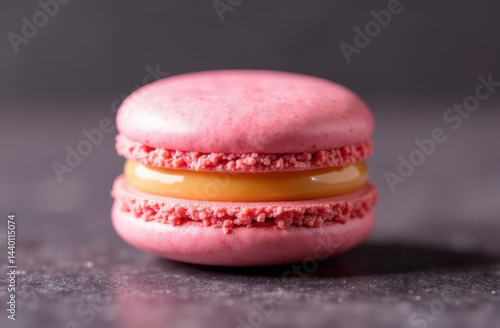 Obraz na płótnie A close-up of a single macaron with a perfect cream filling, placed on a textured surface. The inviting look highlights the details, copy space w salonie