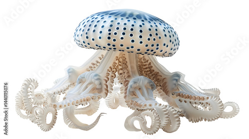 Jellyfish character with hanging soft tentacles made of soft plush fabric, ultra-realistic texture, sharp focus, white background, isolated object, high detail, studio lighting, no shadows