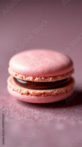 Obraz na płótnie A close-up of a single macaron with a perfect dark chocolate filling, placed on a textured surface w salonie