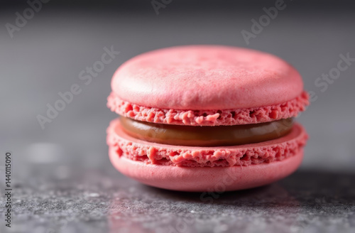 A close-up of a single macaron with a perfect filling, placed on a textured surface. The inviting look highlights the details, copy space