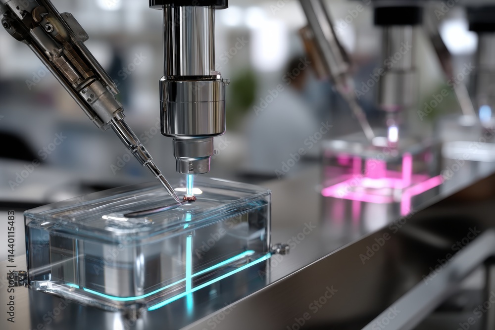 A close-up of advanced robotic equipment applying precision techniques in a lab, emphasizing innovation and cutting-edge technology in modern science applications. A close-up of advanced robotic equipment applying precision techniques in a lab, emphasizing innovation and cutting-edge technology in modern science applications.