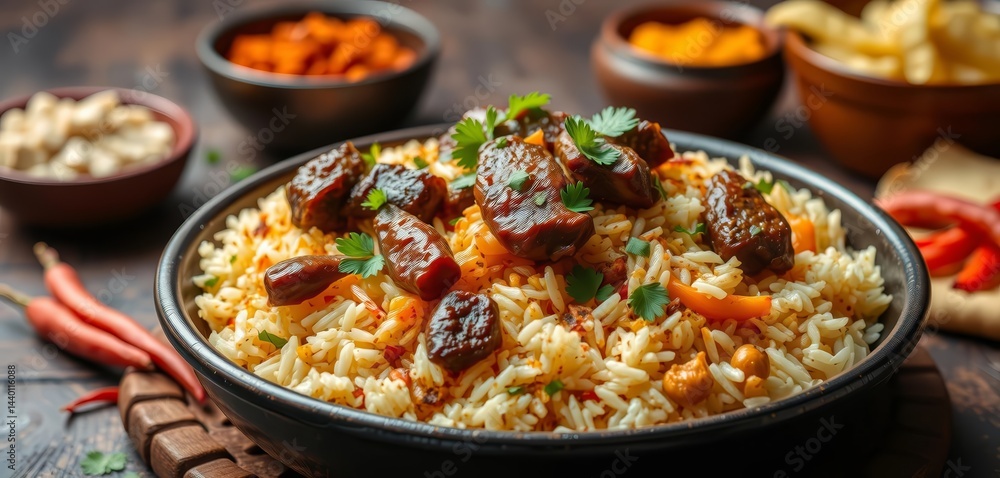 Fragrant aromatic biryani rice with succulent meat, vibrant spices, exotic, colorful food Fragrant aromatic biryani rice with succulent meat, vibrant spices, exotic, colorful food