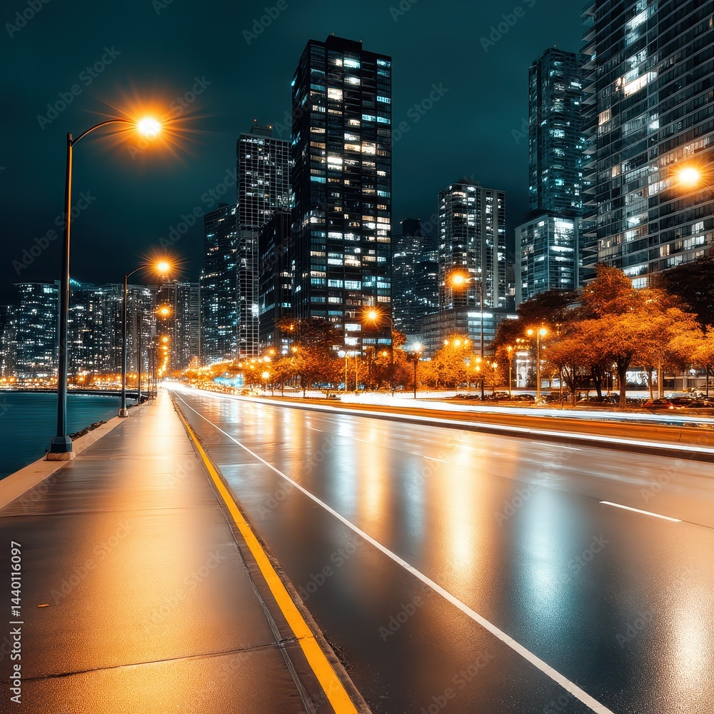 Obraz premium Vibrant City Nights with Smooth Light Trails and Urban Skyline Reflections in Long Exposure Photography