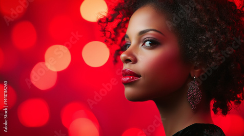 A stylish woman in red glow, side-lit portrait with vibrant bokeh, exuding bold confidence and modern allure.
