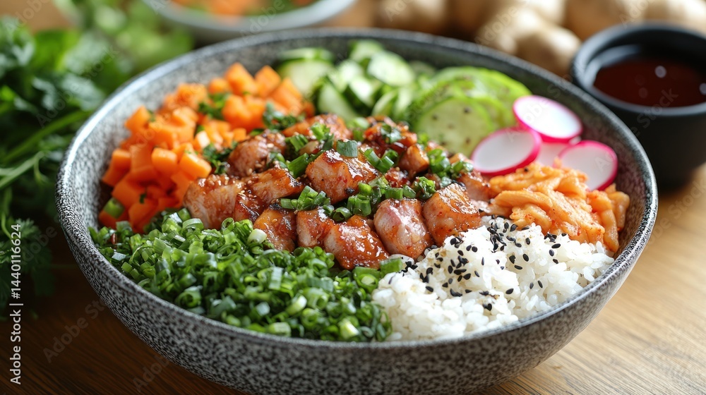 Poke bowl with fish rice vegetables and sauce in a bowl. Poke bowl with fish rice vegetables and sauce in a bowl.