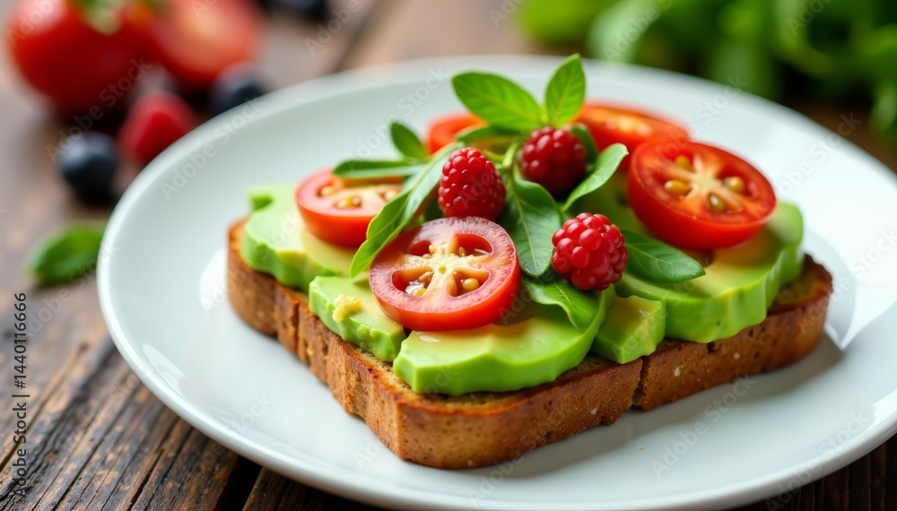 Fresh avocado toast with sliced tomatoes, arugula, and berries on a white plate, fruits, white plate, avocado toast Fresh avocado toast with sliced tomatoes, arugula, and berries on a white plate, fruits, white plate, avocado toast