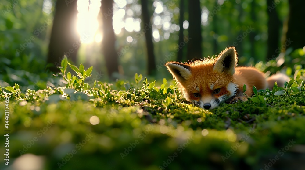 Fototapeta premium Cute Fox Resting in Forest Sunlight with Greenery
