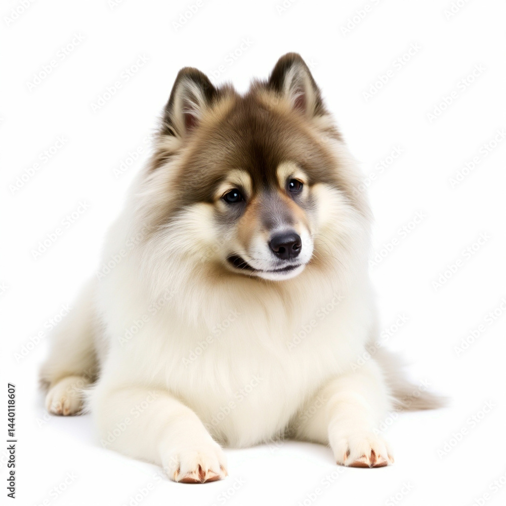 Obraz premium Aerial View of a Keeshond Dog Isolated on White Background Showcasing Its Distinctive Fur and Playful Nature for Pet Lovers and Animal Enthusiasts