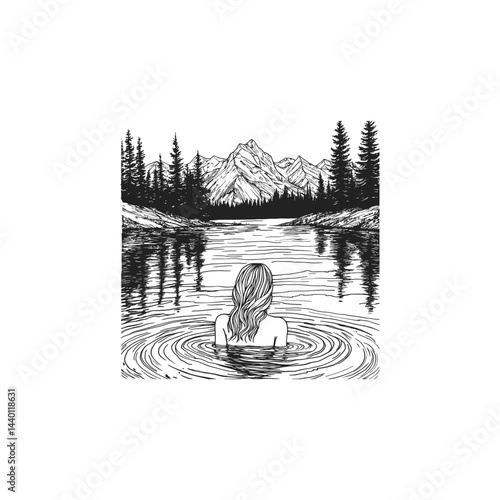 woman soaking in lake with mountain view design vector template illustration