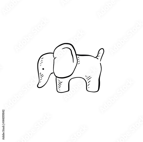 Elephant cuddly toy for children. Black and white line drawing. 