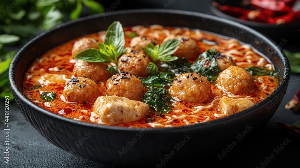 Bowl of tomato based soup with meatballs and green herbs on dark surface. Bowl of tomato based soup with meatballs and green herbs on dark surface.