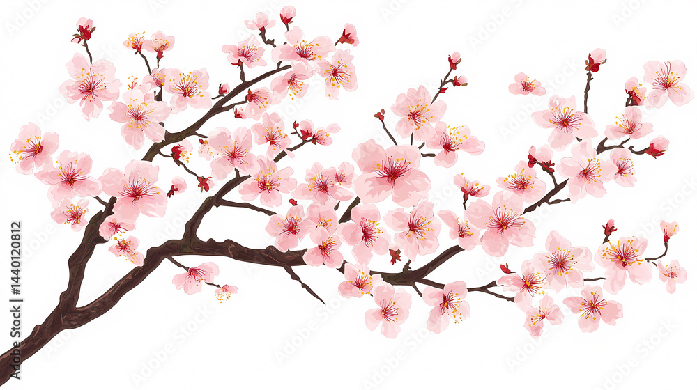 Fototapeta premium Blossoming Cherry Branch: Delicate cherry blossoms burst forth on a branch, a stunning display of spring beauty. Capturing the essence of renewal and seasonal splendor.