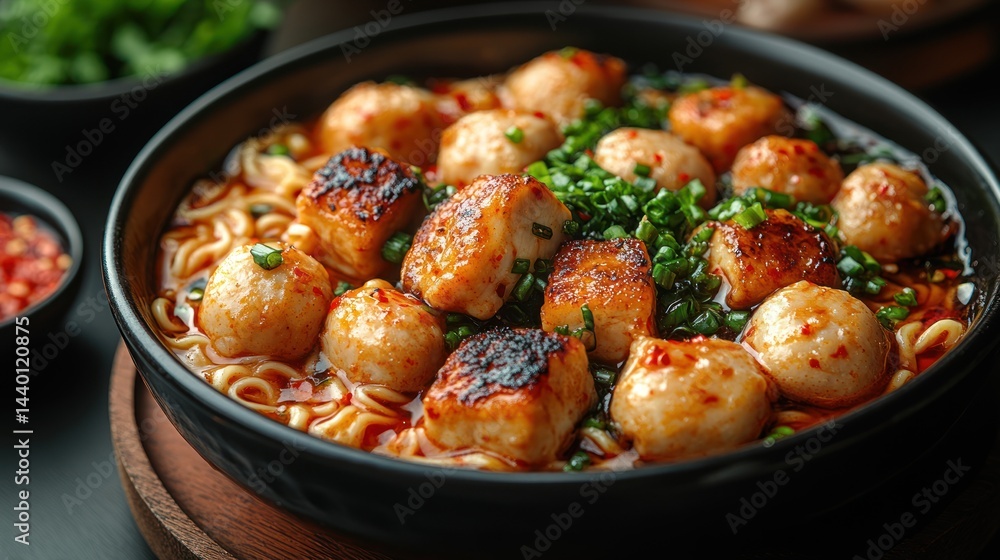 Bowl of cooked food with small round objects and green herbs. Bowl of cooked food with small round objects and green herbs.