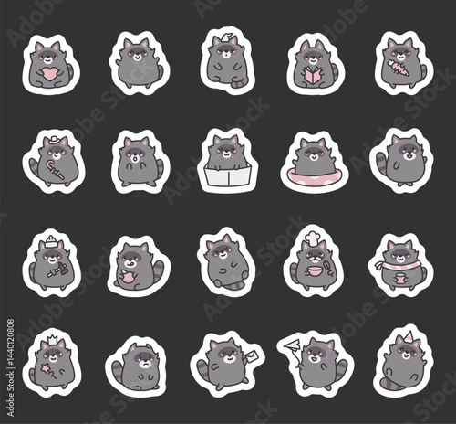Cute raccoon character set showing emotions and activities like smiling, reading, eating, relaxing, celebrating, greeting and swimming in charming poses for yours creative projects