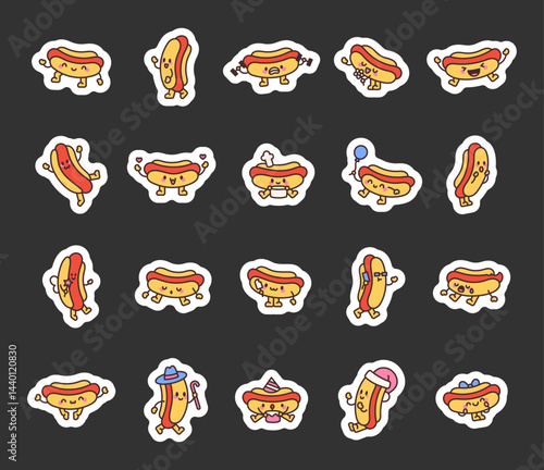 Hot dog character set with charming emotions and funny actions like greeting, dancing, sitting, holding balloons, cooking food, valentines day and resting calmly