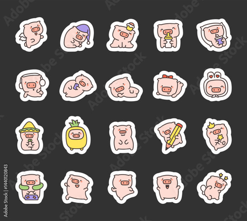 Little pig character set enjoying various activities and charming moments like relaxing, drinking, dancing, dressing up, holding magical items and sleeping peacefully for yours projects