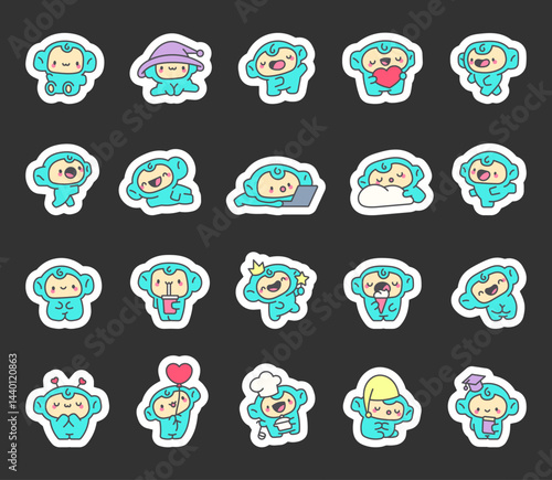 Charming blue monkey character set enjoying fun activities like sitting, sleeping, dancing, studying, celebrating holidays and holding adorable magical and tasty objects