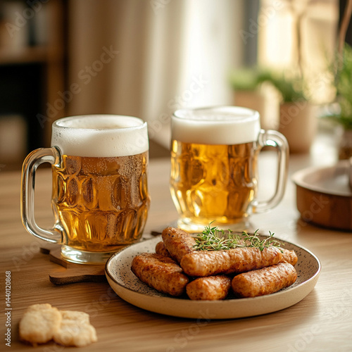 Two mugs of fresh cold beer with delicious sausages.