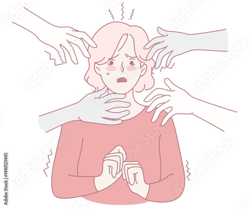 A worried woman is confronted by a multitude of overwhelming hands, representing her anxiety and pressure in life