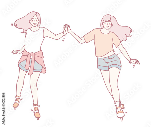 Two friends are joyfully roller skating together, holding hands while radiating happiness and friendship