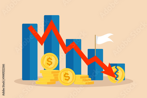 Financial crisis vector illustration with red arrow, broken coin, concept of recession, inflation, currency depreciation, market crash, bankruptcy, budget deficit, stock crisis, and economic downturn.