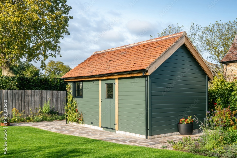 Nestled amidst lush greenery, this delightful garden shed is a picturesque feature of a peaceful backyard on a sunny, clear day Nestled amidst lush greenery, this delightful garden shed is a picturesque feature of a peaceful backyard on a sunny, clear day