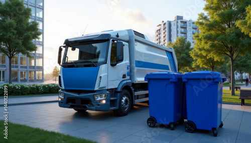 Wallpaper Mural blue garbage truck parked near blue trash bins, garbage disposal concept Torontodigital.ca
