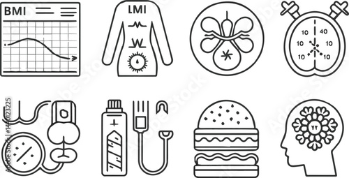 Obesity Health Risks line icon set. Vector pictograms of BMI chart, body weighing scale, diabetes, cholesterol problems, high blood pressure, fast food, mental health thin linear illustration. vector 