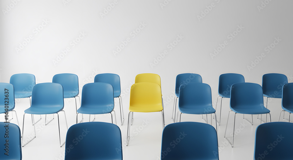 Fototapeta premium Single Yellow Chair Among Blue Chairs in Minimalist Studio