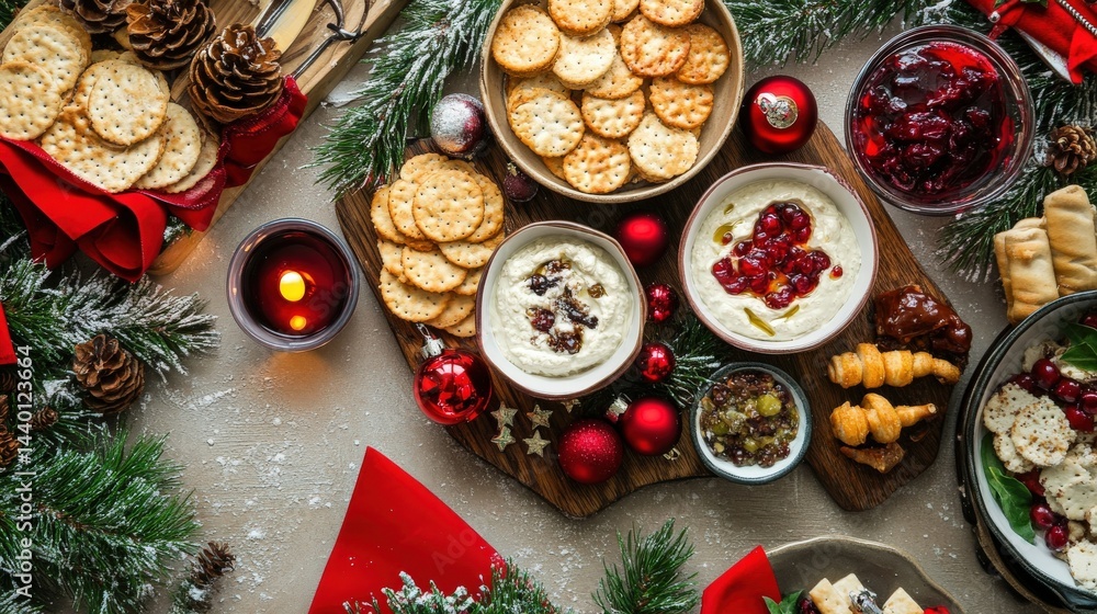 Festive Christmas appetizer spread with crackers, dips, and treats. Festive Christmas appetizer spread with crackers, dips, and treats.