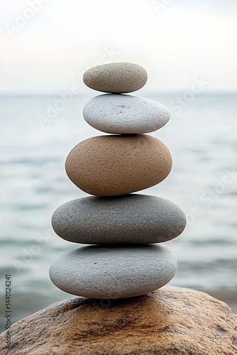 A stack of smooth, round stones balanced on top of each other against the backdrop of an ocean view