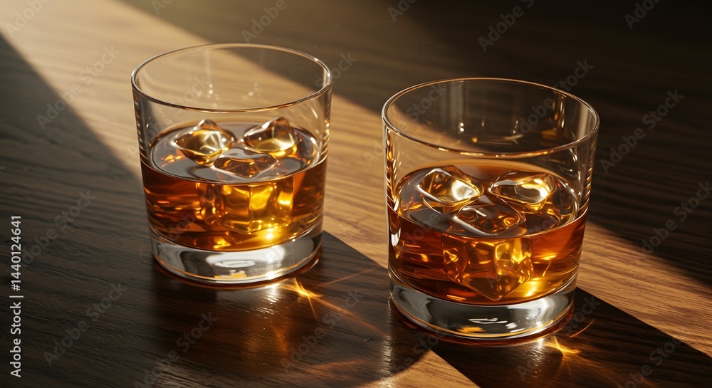 Two Glasses of Whiskey with Ice Cubes on Wooden Table in Sunlight Two Glasses of Whiskey with Ice Cubes on Wooden Table in Sunlight