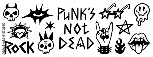 Cute hand-drawn punk rock stickers, tattoo art elements and phrases. Punk is not dead doodle concept set. Vector illustration.