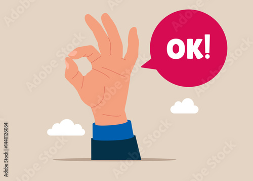 Hand businessman shows the ok. Succeed in work. People like. Rating, survey, marketing, business success. Positive feedback. Flat vector illustration