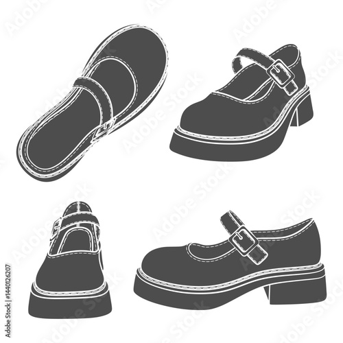 Set of black and white illustrations with women shoes. Isolated vector objects on white background.