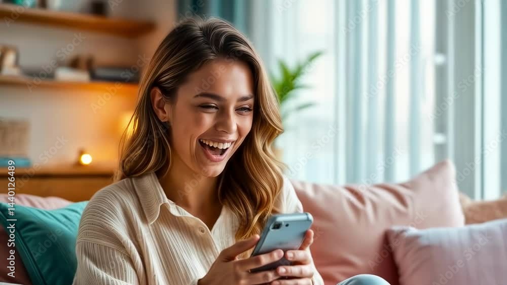 A smiling woman texting on her mobile phone in a modern living room.