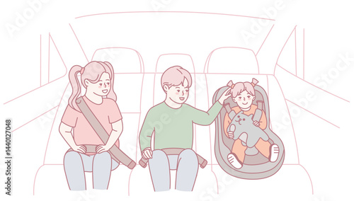A loving and affectionate family safely embarking on a travel adventure with their infant secured in a car seat
