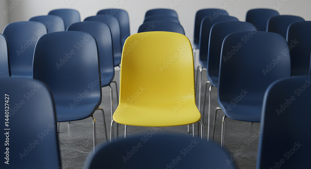 Obraz premium Single Yellow Chair Among Dark Blue Chairs, Minimalist Office Setting